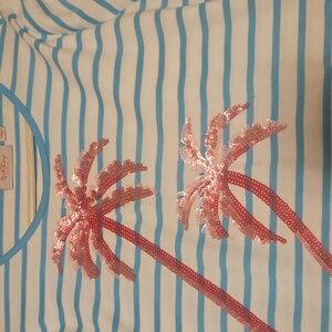 Quacker Factory White & Blue Striped Tee with Pink Sequin Palms